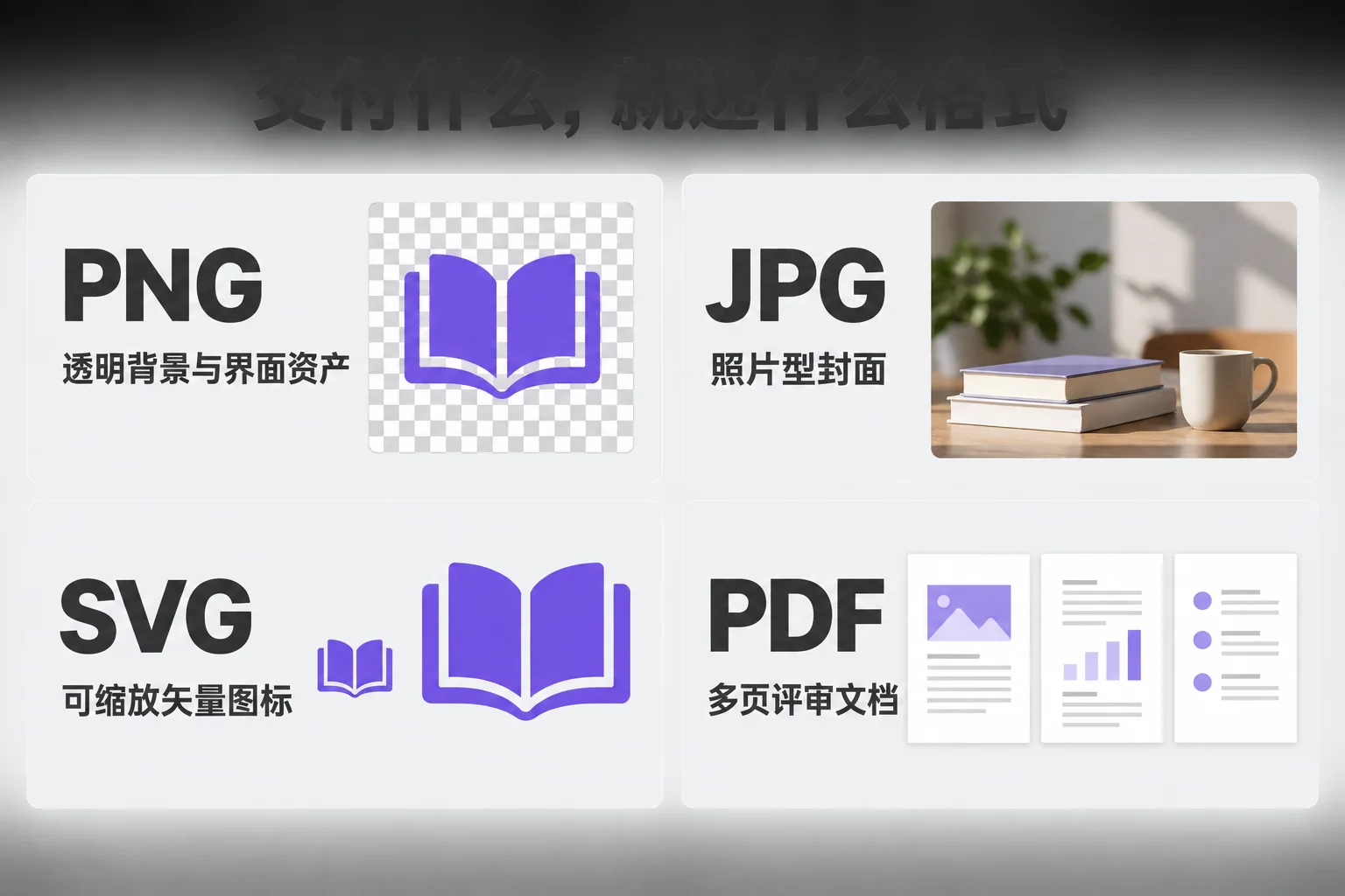 PNG透明界面、JPG照片、SVG矢量图标和PDF评审文档的导出用途