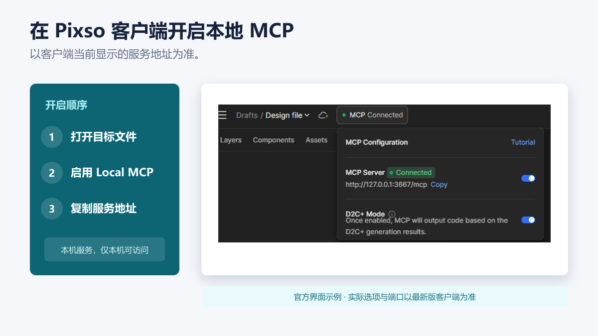 Pixso 桌面客户端中的本地 MCP 启用入口与服务地址