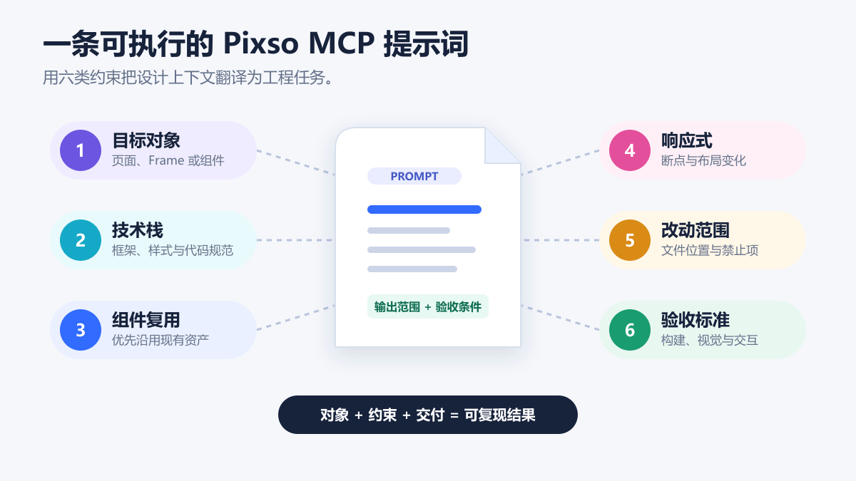 Pixso MCP 提示词的目标对象、技术栈、组件复用、响应式、改动范围和验收标准六项结构