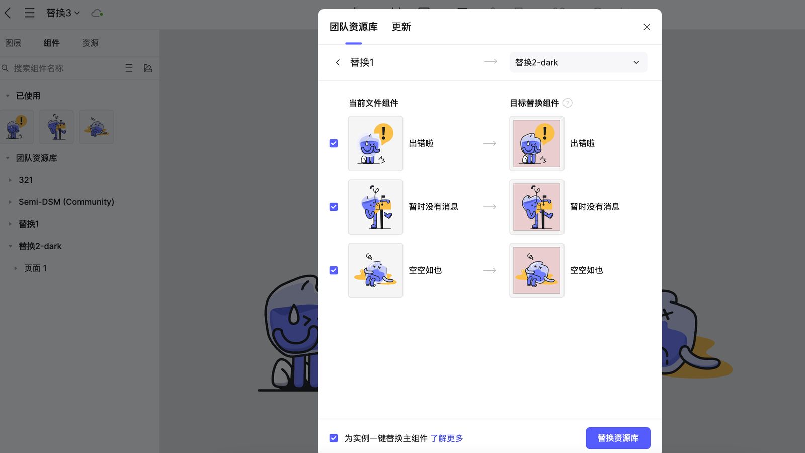 Pixso 官方界面截图：资源面板中的团队资源库层级与替换资源库面板