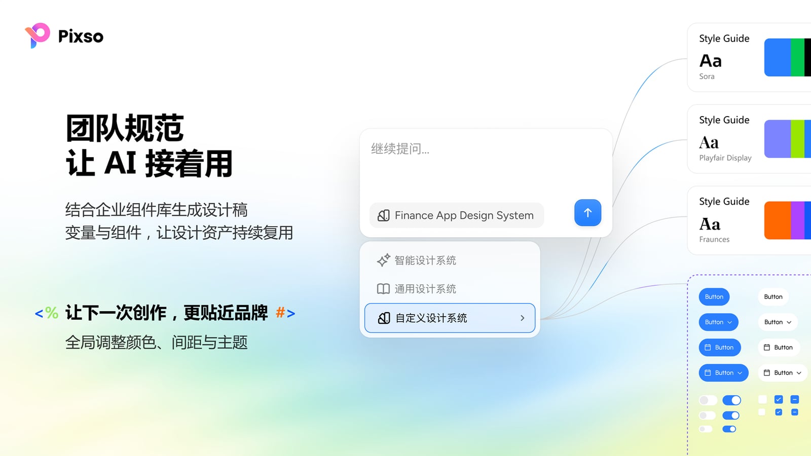 Pixso 用户体验大会演讲稿页:团队规范让 AI 接着用——结合企业组件库生成设计稿,变量与组件让设计资产持续复用,可全局调整颜色、间距与主题