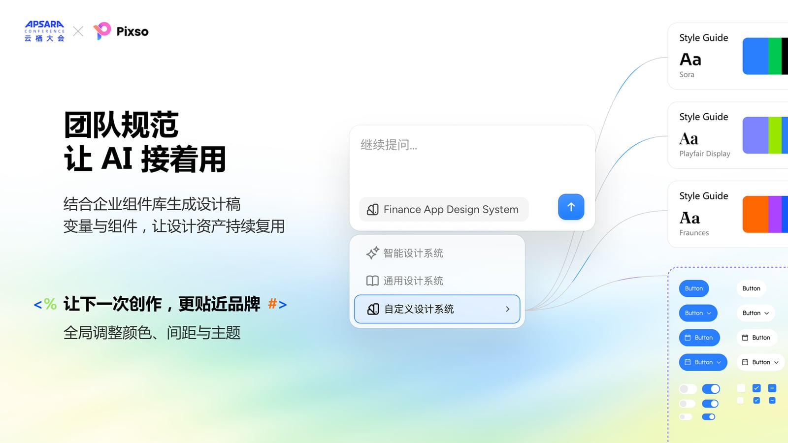 Pixso 云栖大会演讲稿页:团队规范让 AI 接着用——结合企业组件库生成设计稿,变量与组件让设计资产持续复用,可全局调整颜色、间距与主题,画面展示自定义设计系统与样式规范面板