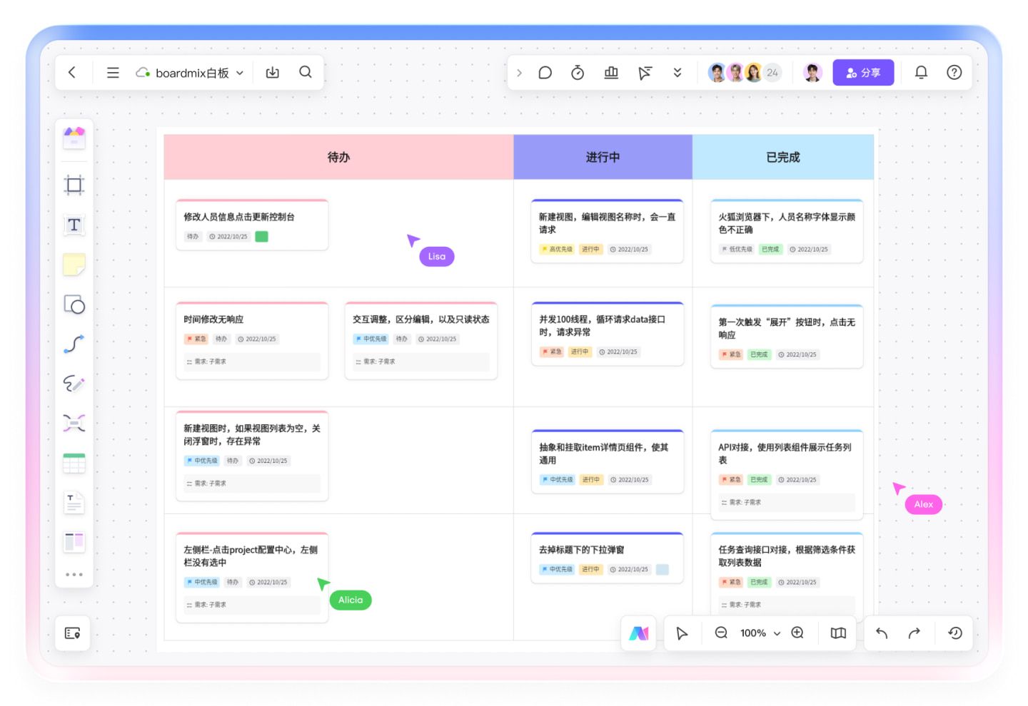 Boardmix 敏捷任务看板按待办、进行中和已完成三列展示任务卡片、优先级及成员光标