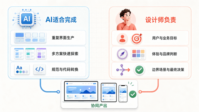 图片3:AI适合完成的UI任务与设计师负责的核心决策对比图