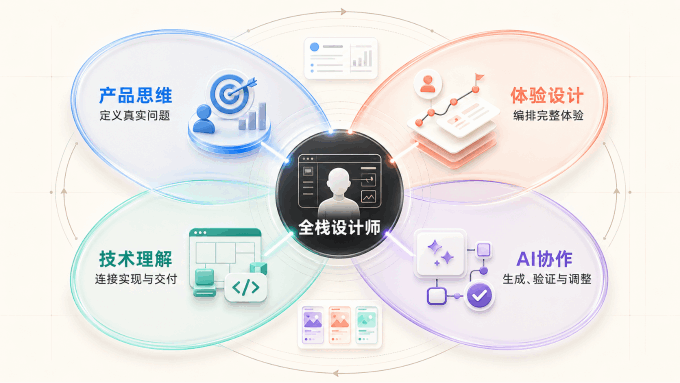 图片5:产品思维、体验设计、AI协作与技术理解组成的全栈设计师能力模型