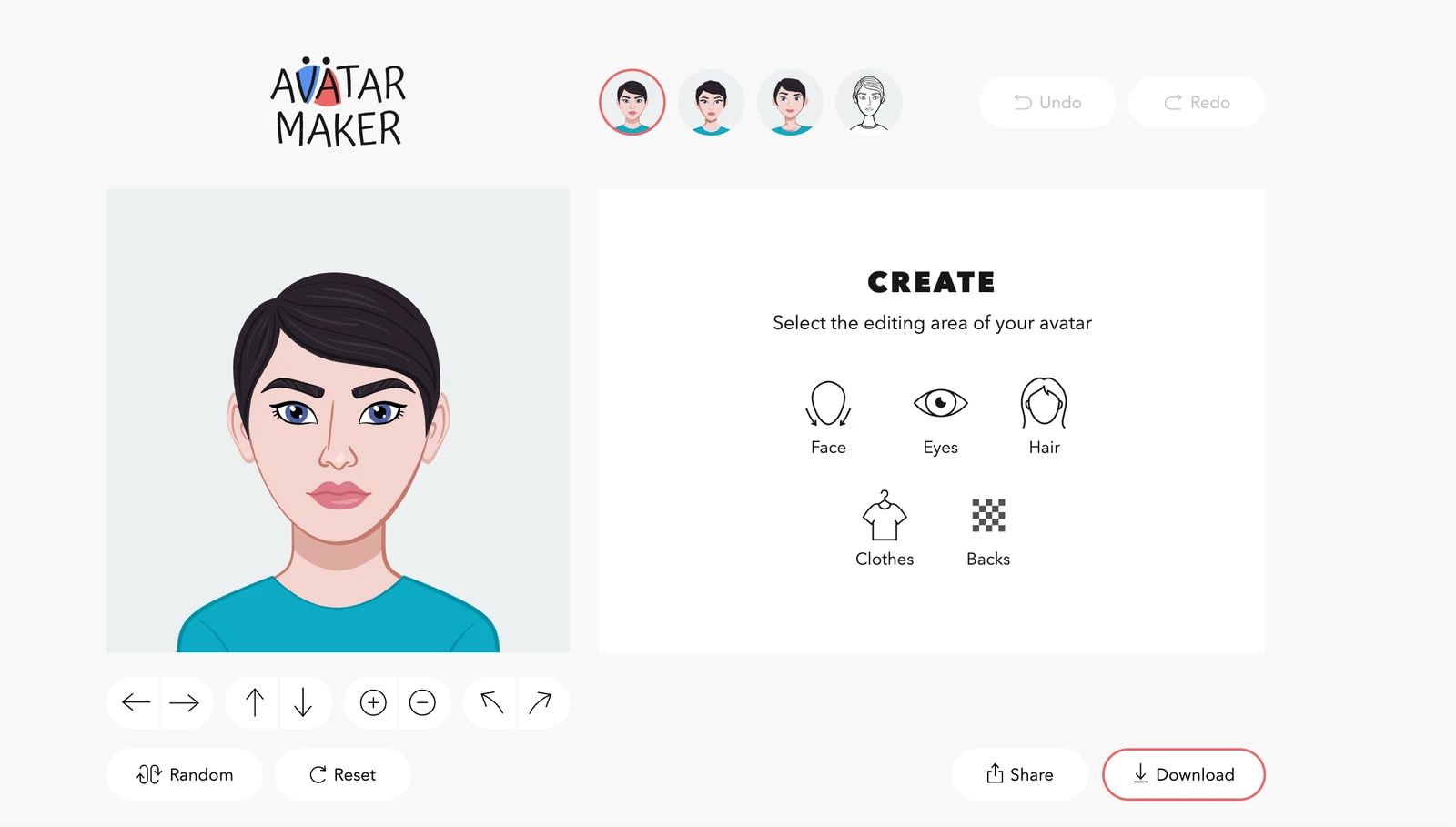 AvatarMaker的人物头像和脸部、眼睛、头发、服装、背景编辑入口