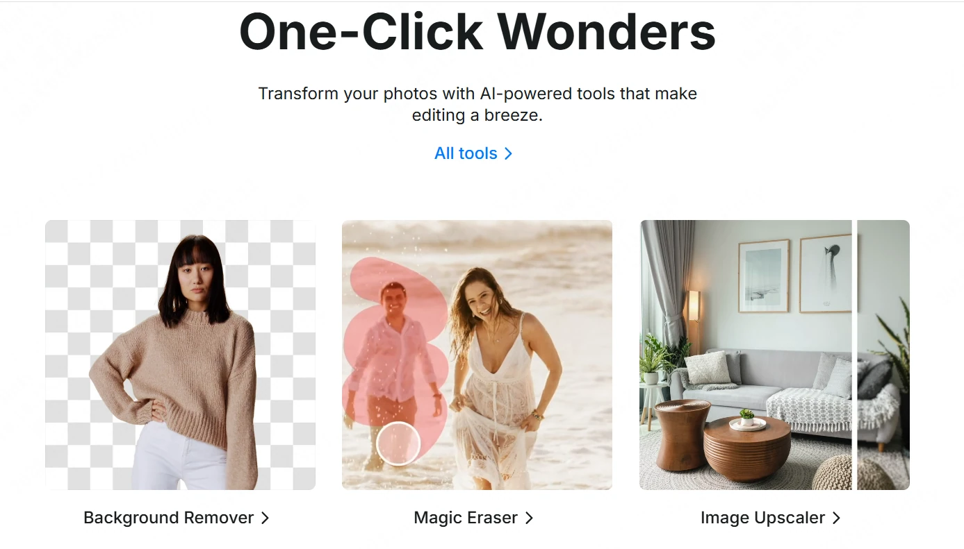 Pixelcut的背景移除、物体擦除和图片放大三个工具入口