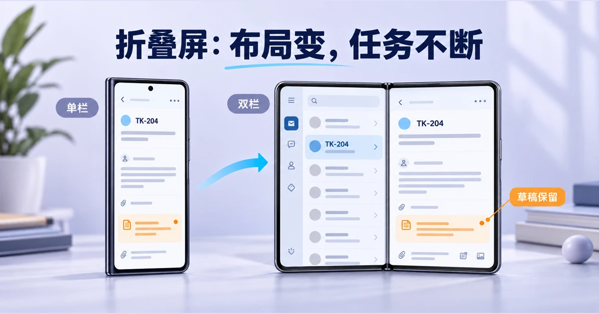 同一工单任务在折叠屏单栏、展开双栏与铰链分区间连续切换