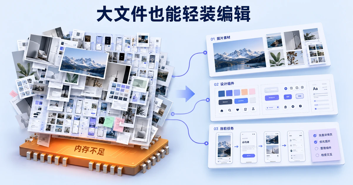 大型设计文件按图片素材、设计组件和当前任务拆分，减轻编辑负担