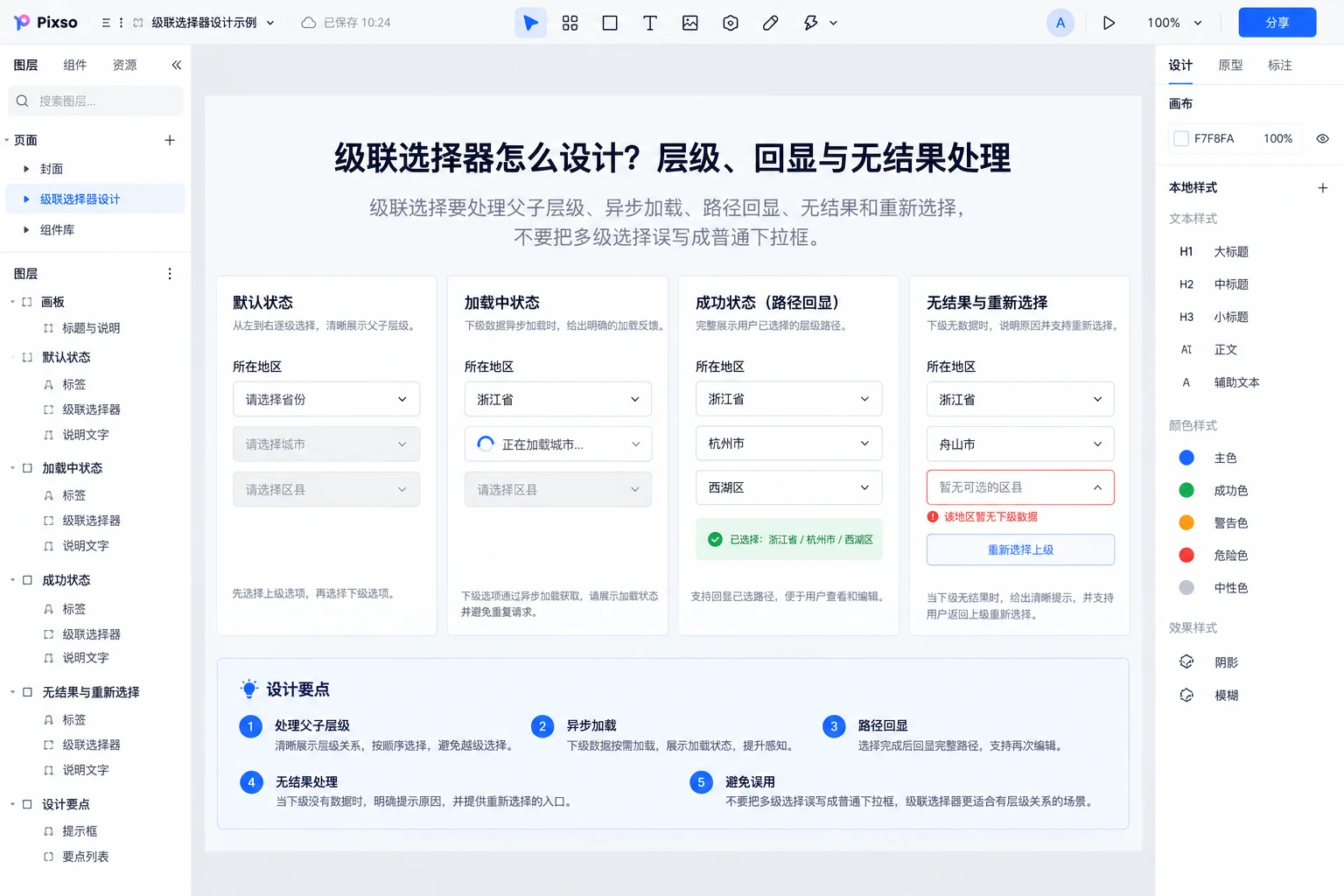 Pixso画布中的级联选择器怎么设计?层级、回显与无结果处理状态路径