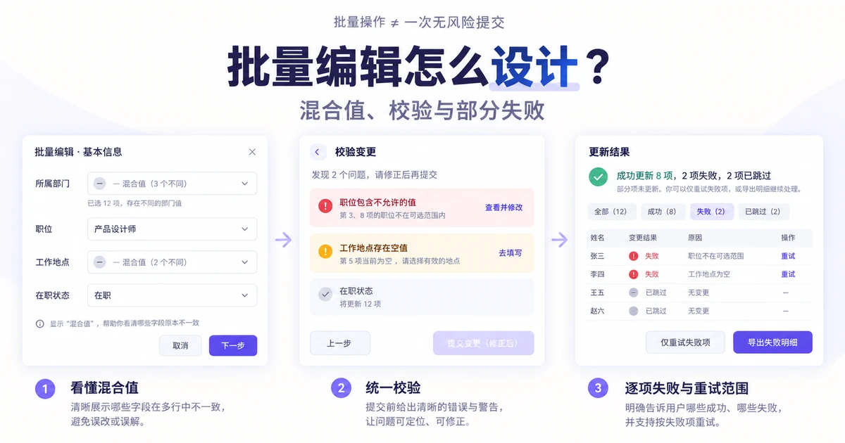 供应商台账批量编辑的混合值、校验与部分失败