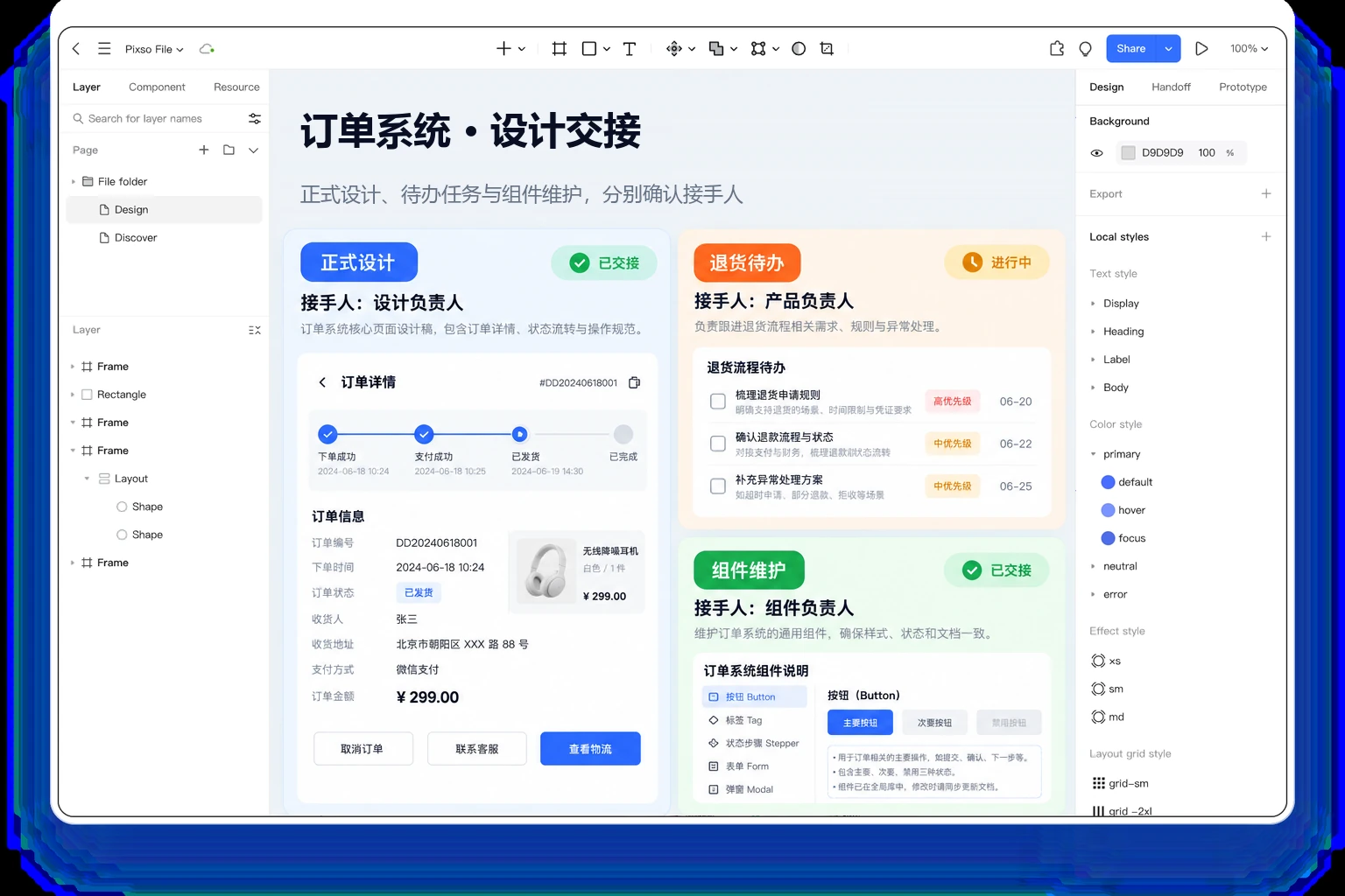 Pixso 订单项目画布列出正式设计、退货流程待办与各项资产的接收人