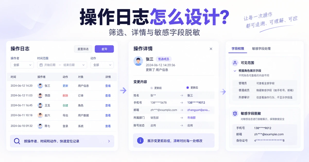 供应商资料操作日志的筛选、详情与敏感字段脱敏