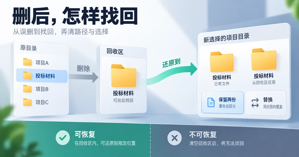 投标材料从项目目录进入回收站并按位置恢复的生命周期
