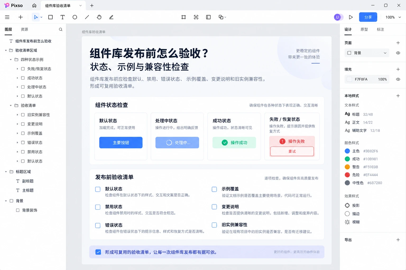 Pixso画布中的组件库发布前怎么验收?状态、示例与兼容性检查状态路径