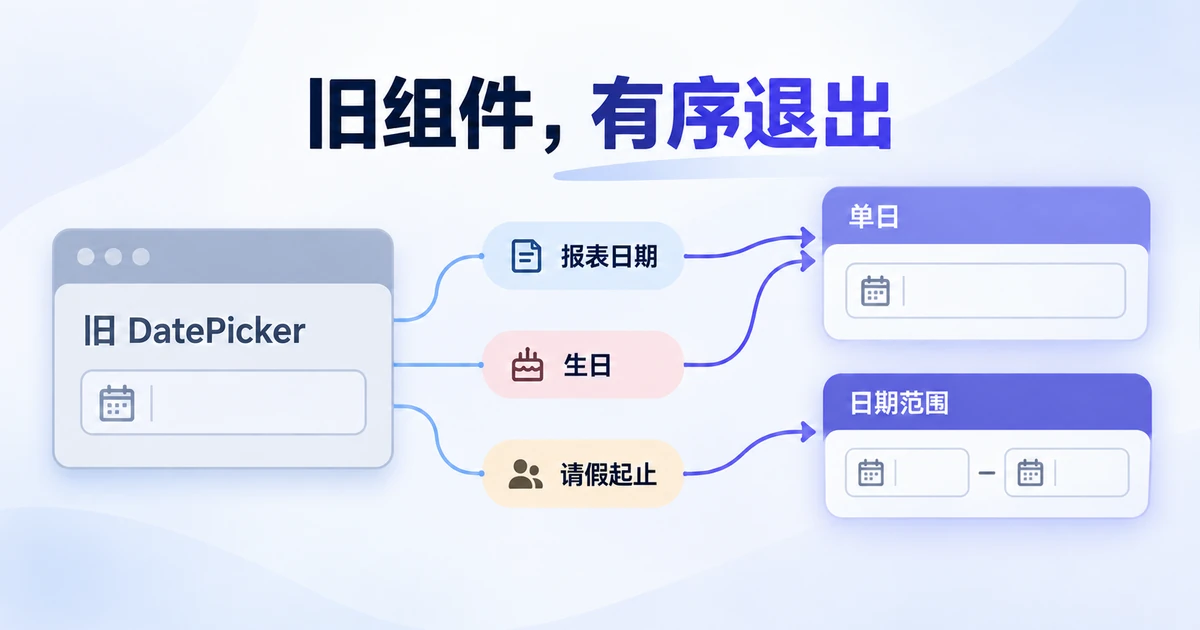 旧日期组件按报表日期、请假起止和生日三种用途,分别迁移到单日与日期范围组件
