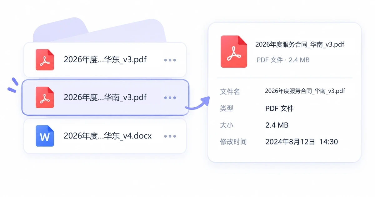 相似合同文件通过区域、版本和扩展名保持可识别，并能展开完整名称
