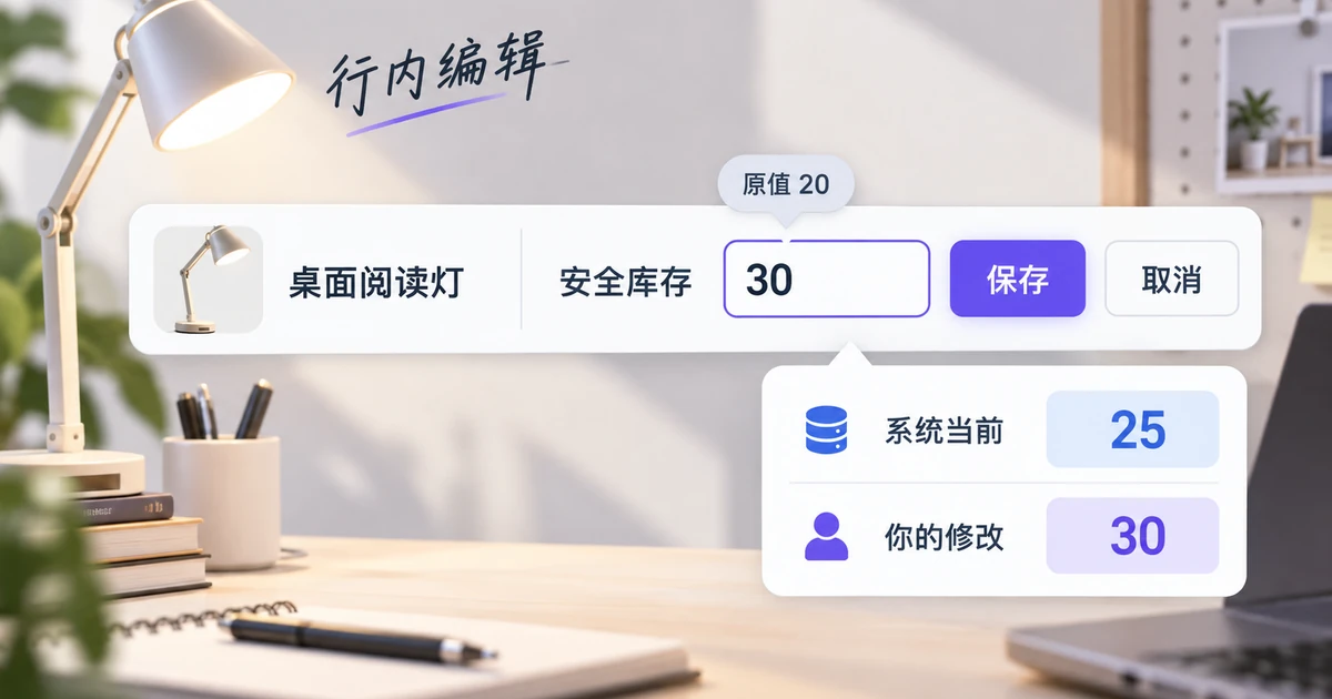 库存列表中的安全库存从20编辑为30,保存取消与系统当前值25的冲突分别呈现
