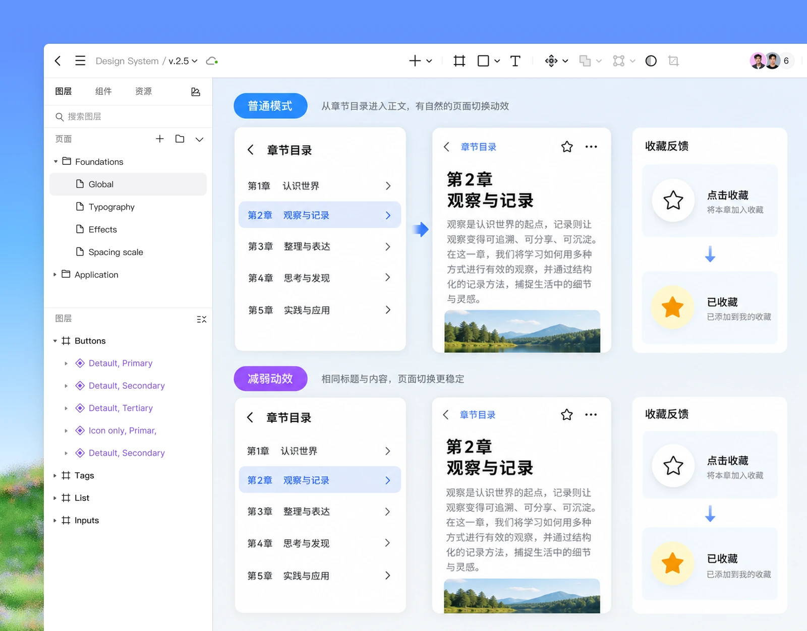 Pixso 中阅读界面的普通过渡与减弱动效分镜,章节位置和收藏结果保持一致