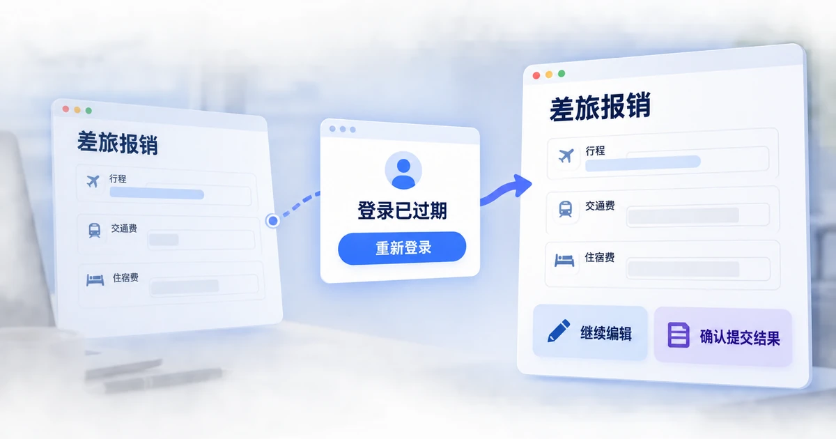填写中的差旅报销单经过重新登录回到原任务,保留继续编辑与确认提交结果两种路径
