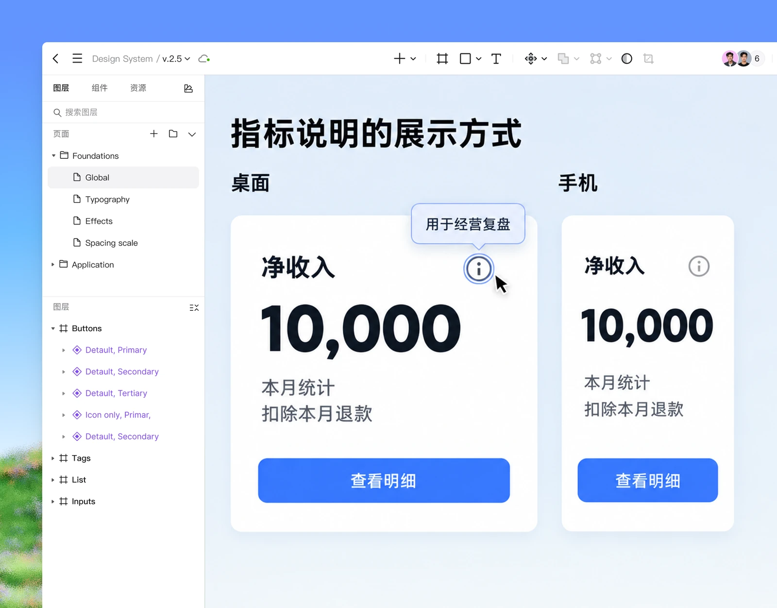 Pixso画布中同一净收入卡片的桌面悬停、键盘焦点与手机常显说明,查看明细有独立入口