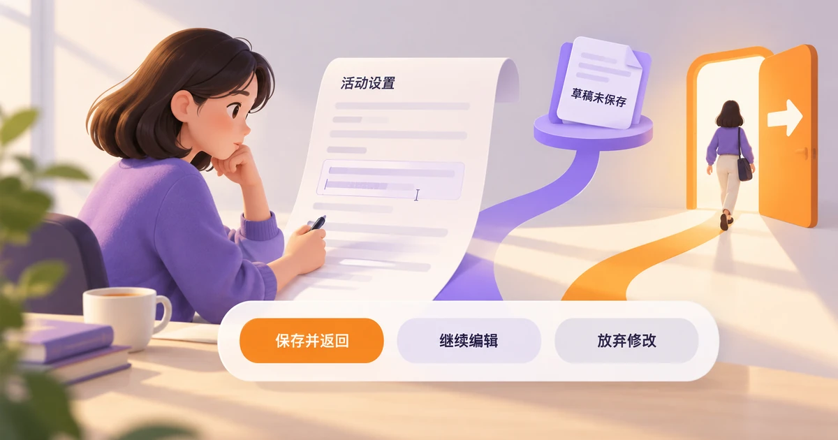 活动设置表从编辑草稿到保存再离开,未保存内容进入继续编辑或放弃修改分支
