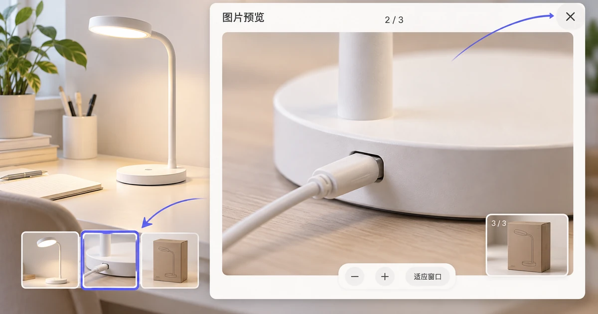 灯具图库第2张接口照片进入大图预览,缩放查看细节后仍能返回原缩略图
