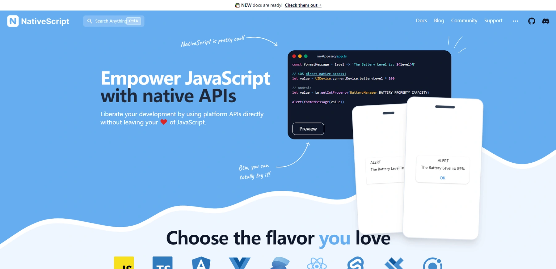 NativeScript 官网展示 JavaScript 与原生 API 的产品定位