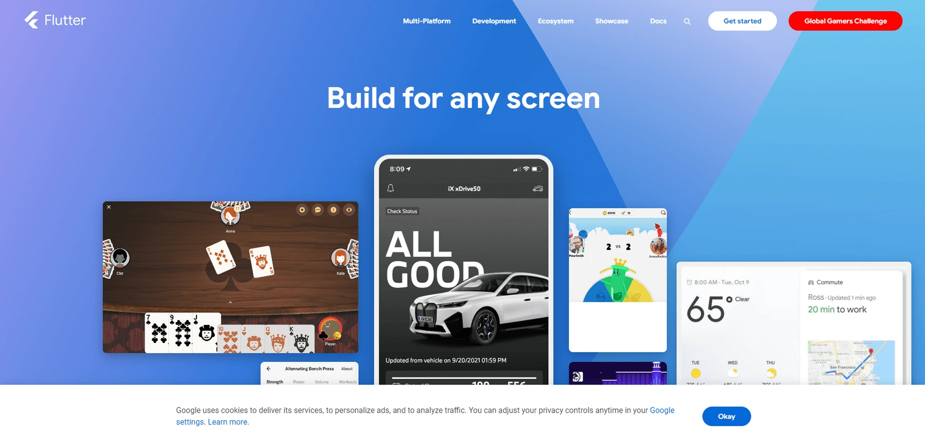 Flutter 官网以手机与桌面界面展示多平台应用开发定位