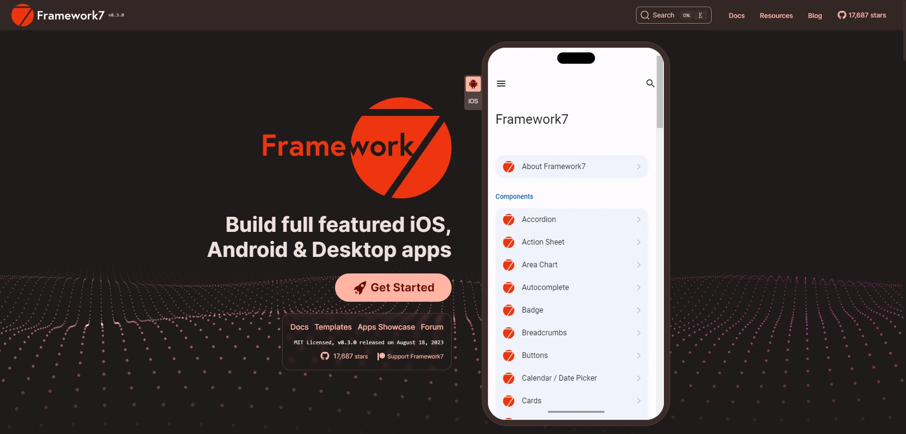 Framework7 官网中的手机组件与导航界面展示