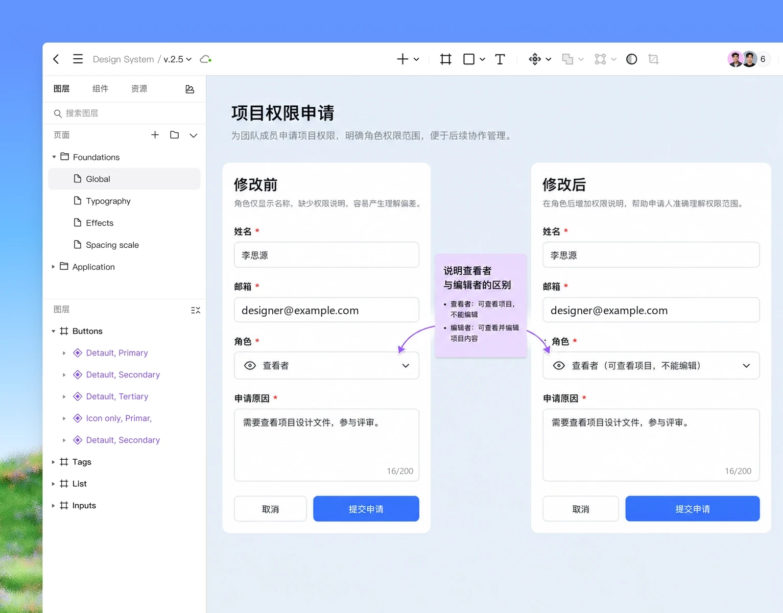 Pixso 中围绕权限申请表单的角色说明进行标注和方案对照