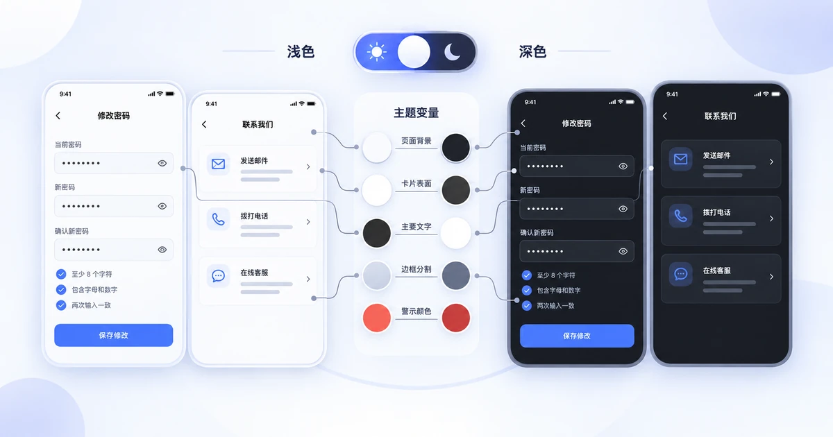 同一组密码修改与联系我们页面通过语义颜色变量切换浅色和深色主题